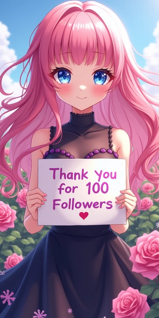 (best quality, ultra-detailed, photorealistic: 1.39), bright and vibrant colors, studio lighting, thank you card for 100 followers, hearts and kisses emoji, Yu-Gi-Oh style letter, purple details on the sides of the card, heart shaped poster, beautiful smile, anime style, Anime, Cute girl with big round breasts, with sparkling blue eyes, she wears a black dress with snowflakes on the dress, a field of roses in the background , her wavy pink hair with beautiful bangs meets with the blowing wind, she holds a sign written a message of thanks