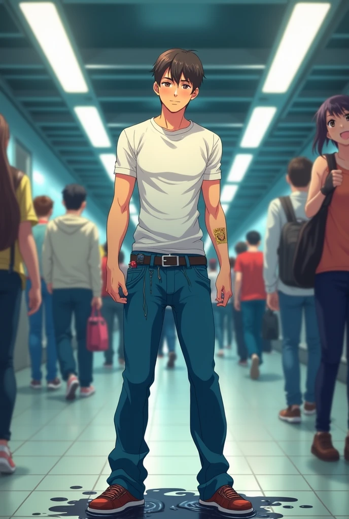In the morning train station, a slender and mascular young man in his blue pants is peeing himself. He couldn't hold his pee. He is holding his crotch to stop peeing but his pee is leaking out from his pants, and it is making a pee puddle at his feet. white t-shirt, his pants around his crotch gets wet because of his pee. He looks embarrassed. Anime