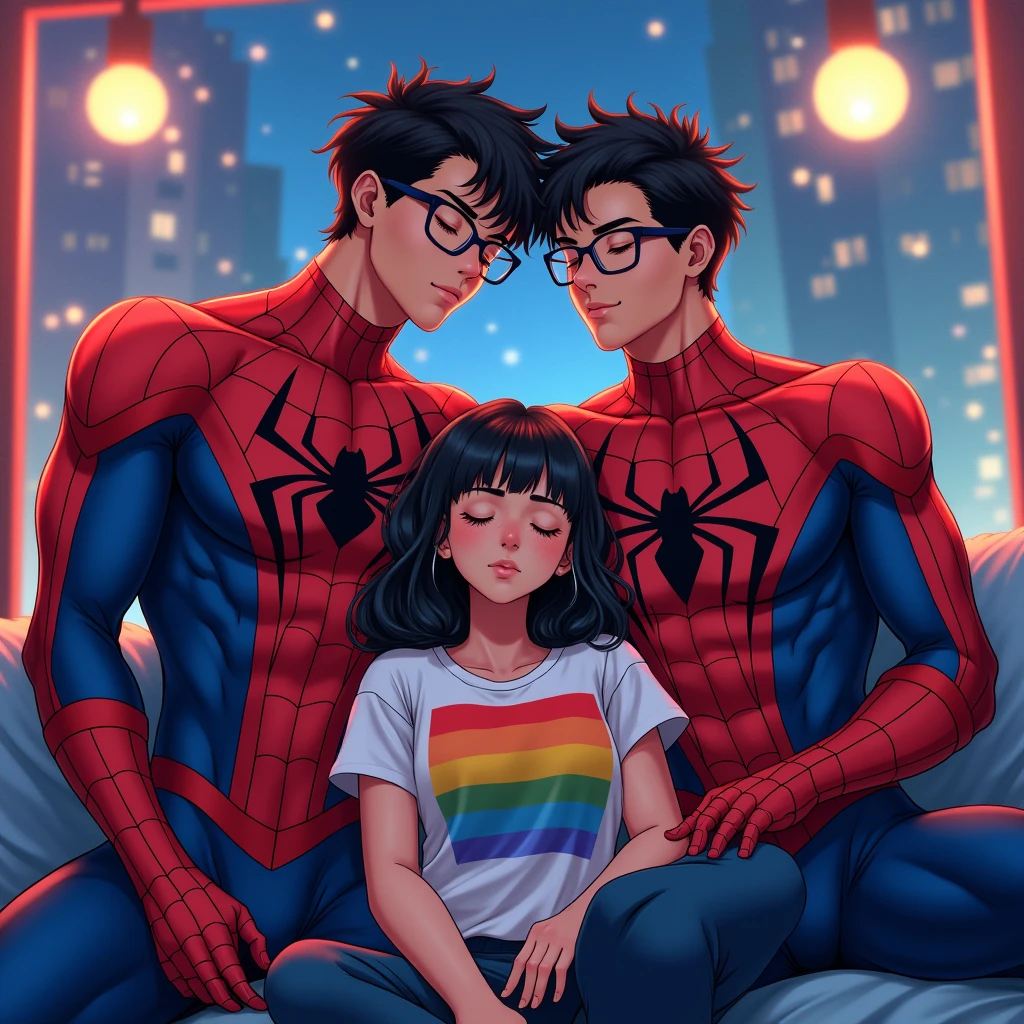 anime art: marvel art style, TWO masculine 20-year-old males with a big bulge with dark fadeout hair and glasses, wearing spider superhero outfit , They're grabbing a woman wearing lgbt shirt while she's sleeping