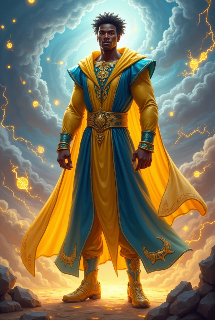 African male as a powerful myth wizard from Wizard 101 in yellow and blue. Hearing shoes


