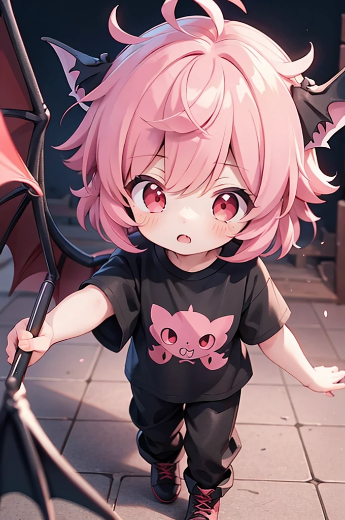 Vampire cute Boy, pink hair, red eyes, black t-shirt, black pants, black boots, bat wings, (masterpiece), best quality, expressive eyes, perfect face, 4k, hiperdetailed