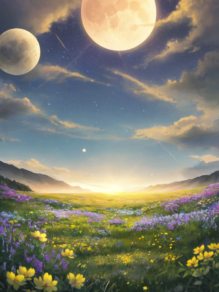 Moonlit meadow, fantasy landscape, ethereal watercolor style, open field with gently swaying wildflowers, soft glowing petals, distant mountains under a starlit sky, floating orbs of light, cool blues, purples, golden hues, serene and mystical ambiance, otherworldly scene, peaceful and expansive, soft, dreamy lighting, magical and tranquil mood