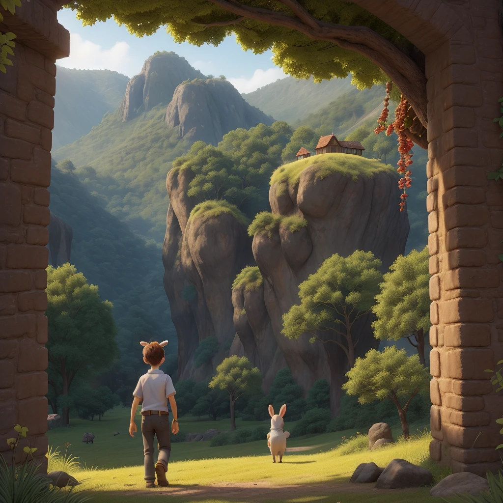 Create a cover for a book with the following information:
Chapter 5: The Valley of Silent Voices Image: Lucas and the rabbit Bilu walking through the Valley of Silent Voices. The valley is vast and peaceful, with lush green grass and gentle hills. The absence of sound is represented by a serene scene, with a sense of calm and a magical atmosphere. Lucas is paying attention to the details around him, with a contemplative expression.