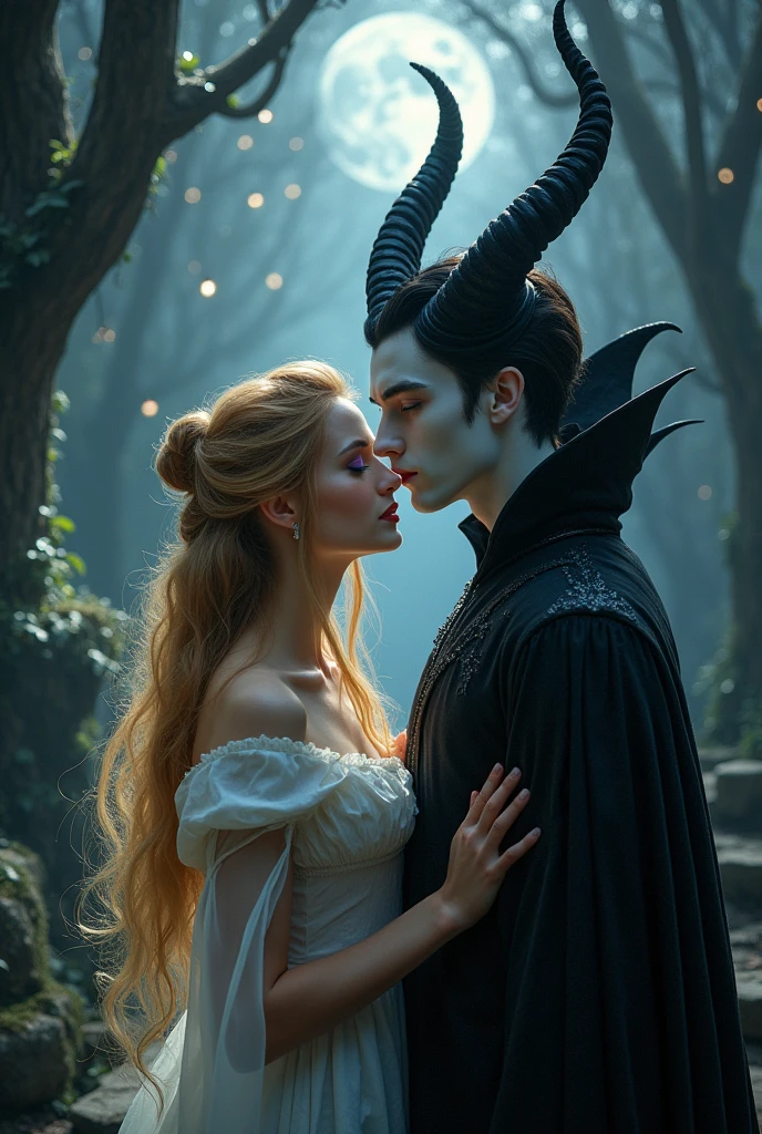 Make a character similar to Sleeping Beauty, blonde golden hair, violet eyes, red and plump lips. Along with a character similar to the male version of Maleficent. Pale almost sickly, with horns and black hair similar to Malleus Dracconia from Twisted Wonderland, looking like a dark fairy. Make the illustration look like Dark Fantasy