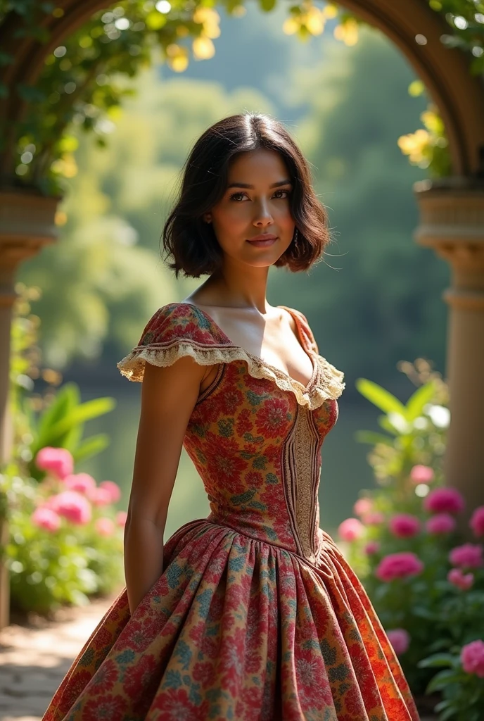 Beautiful latina woman perfect body short brunette hair,  dressed in elegant victorian era 19th century American colorful conservative formal natural lighting,  beautiful outdoor paradise background 