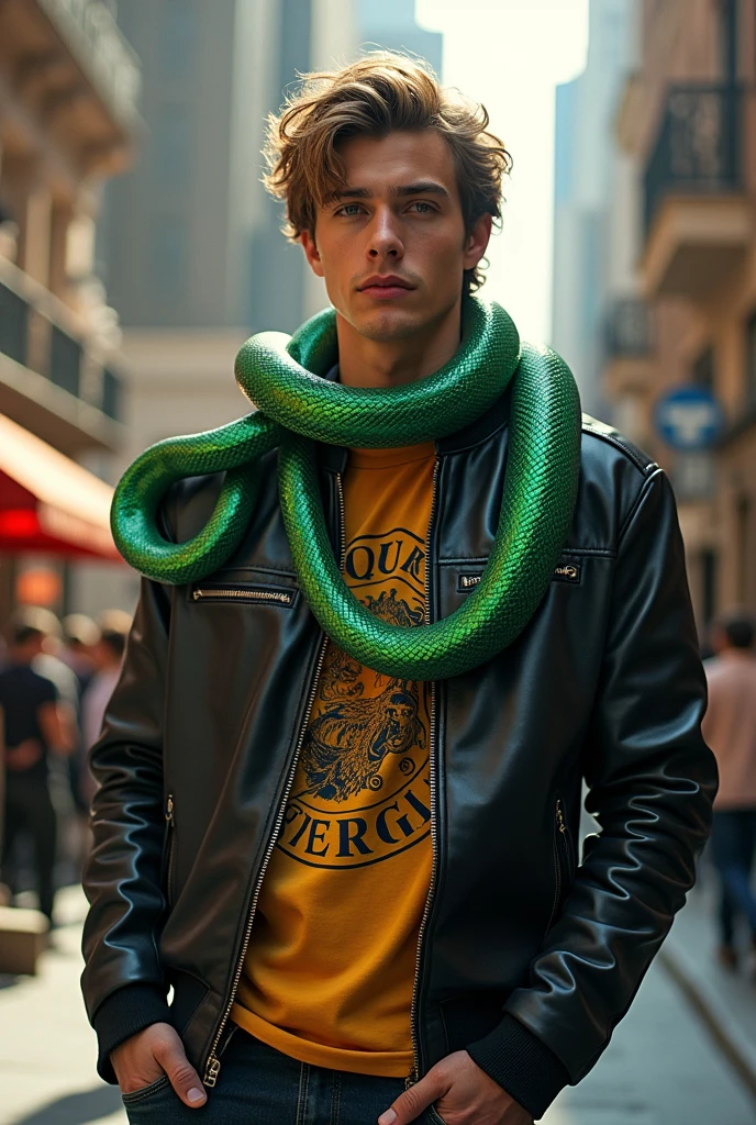 Create the son of Hermes with a snake around his neck in a more modern outfit