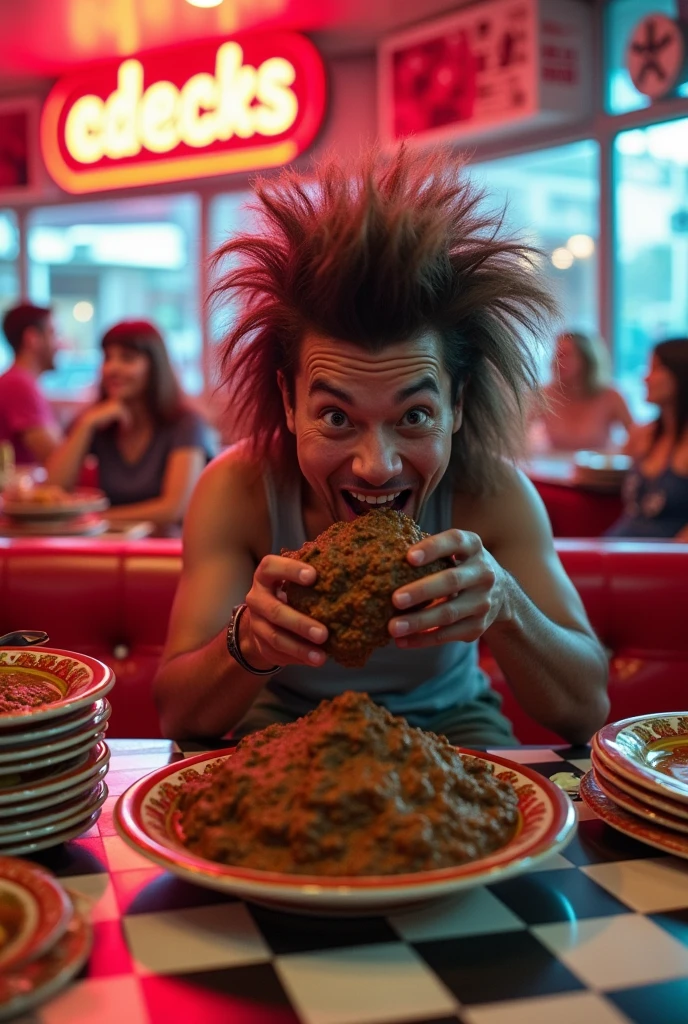 Make a picture of my super skinny friend Gonzalo Sabas eating realistic poop with an 80's mullet