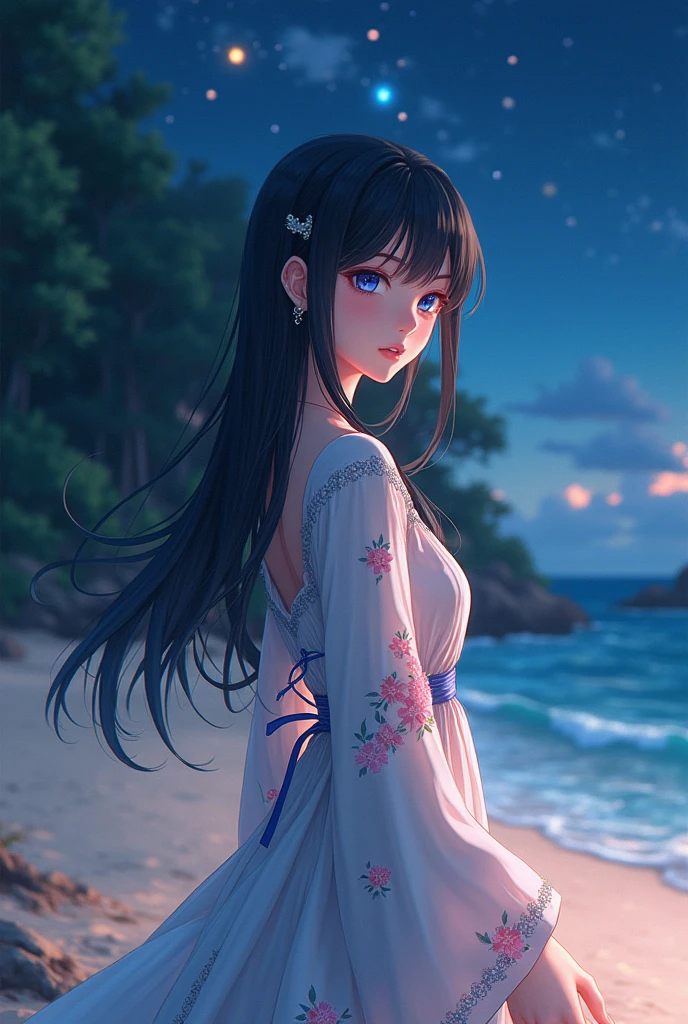 (masterpiece,Highest quality,,8k,High resolution),One female,(Beautiful Face,Beautiful Face)Beautiful eyes,Beautiful lips,,Black Hair,look back,(Anime Girl)、flower,Sandy beach with a view of the forest,A bright night with stars visible,Mysterious Light、Very Mystical、jewelry,Holding,Long sleeve,necklace,Long Hair,dress,(whole body),Highly detailed anime art,A complete portrayal、