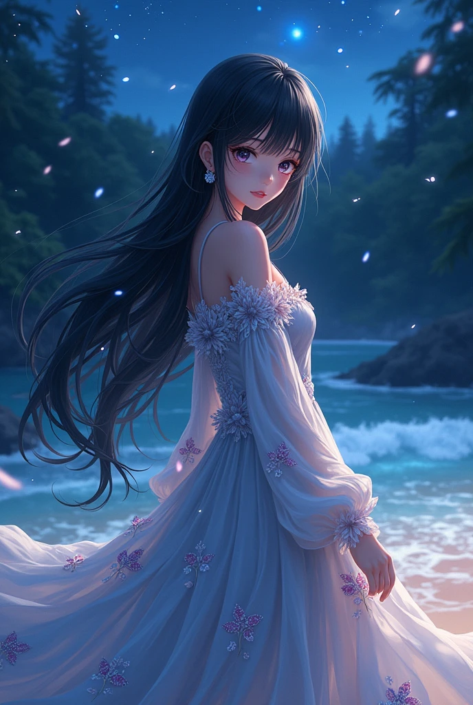 (masterpiece,Highest quality,,8k,High resolution),One female,(Beautiful Face,Beautiful Face)Beautiful eyes,Beautiful lips,,Black Hair,look back,(Anime Girl)、flower,Sandy beach with a view of the forest,A bright night with stars visible,Mysterious Light、Very Mystical、jewelry,Holding,Long sleeve,necklace,Long Hair,dress,(whole body),Highly detailed anime art,A complete portrayal、