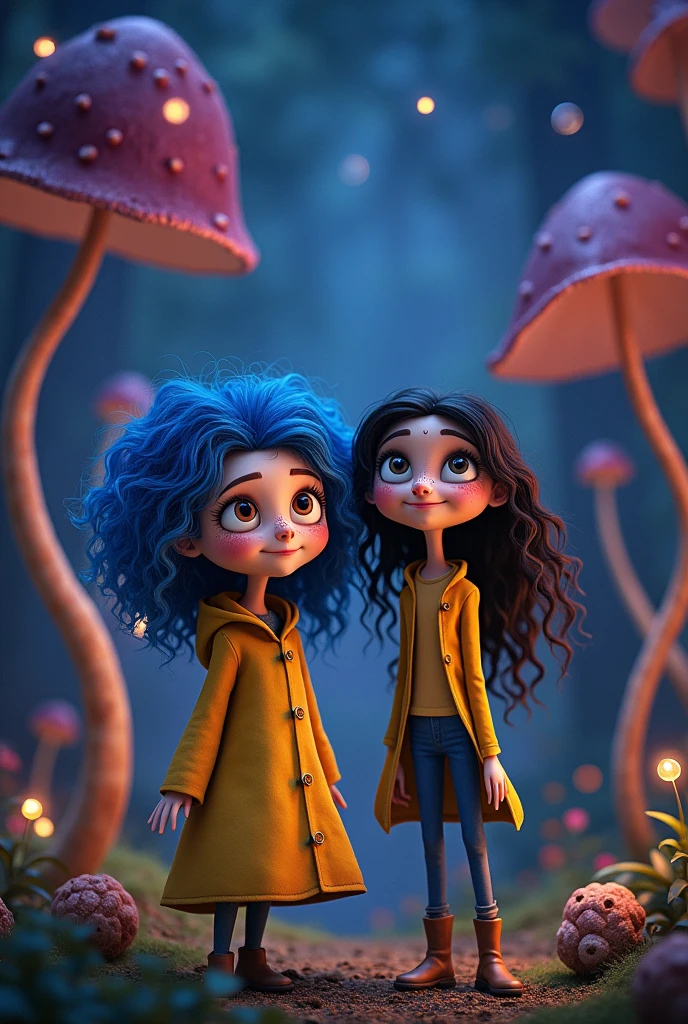 Make a girl like the movie Coraline, She has curly hair with several blue streaks, and has freckles on his nose, do it with Caroline by your side