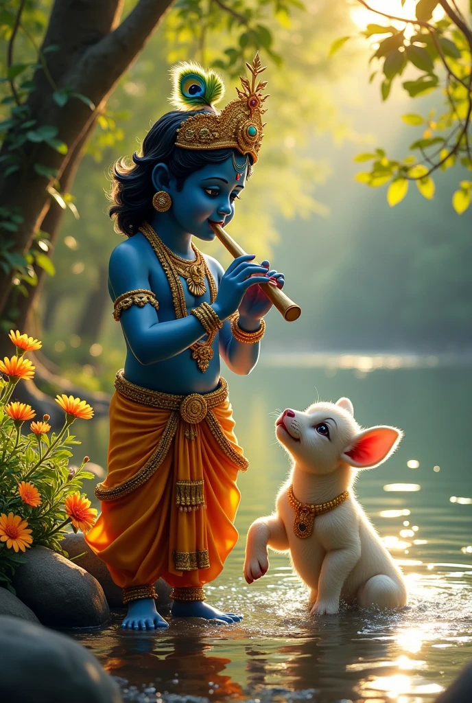 Shree krishan name's lord , near river , playing