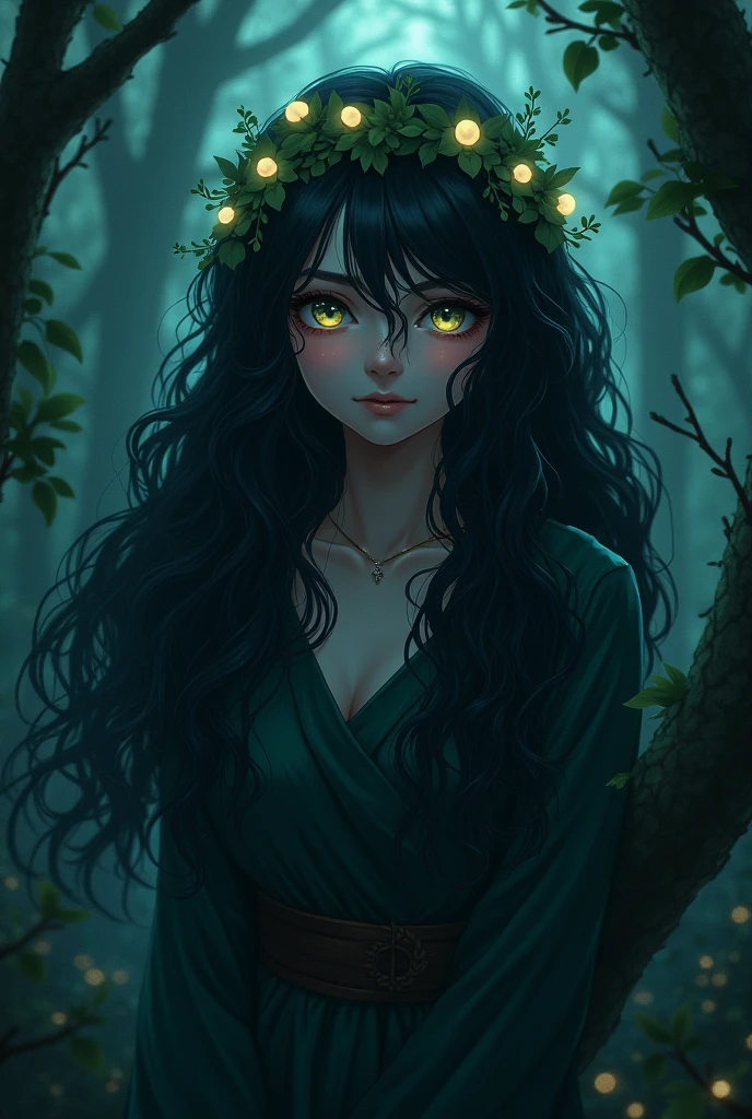 , very curly long hair, forest, dark fantasy, honguitos, gentle face, anime