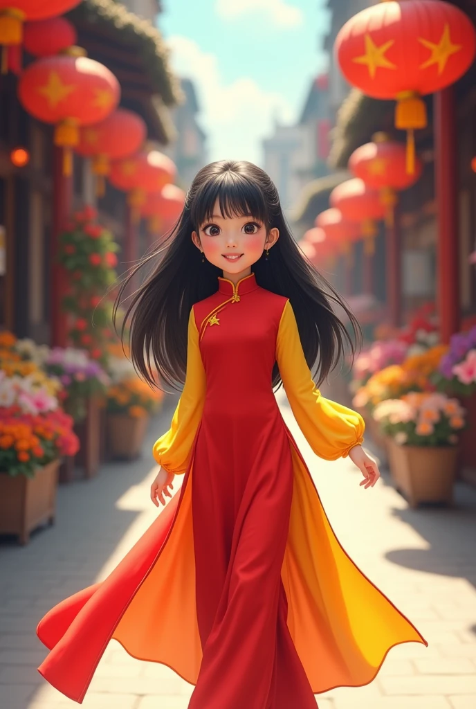 Create for me a girl wearing ao dai with the Vietnamese flag walking on the street