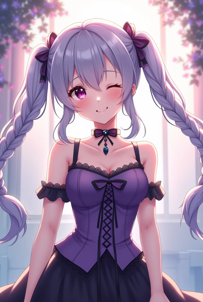 A long greyish purple hair mixed with greyish om the lowered tips of her hair two long pigtails lowered down with 4 strands of hair on her face with pink small, gentle, pretty eyes, Purple corset with a black collar and black necklace connected to each other, Black skirt with black unconnected sleeves, two black ribbons on each braided middle hair hanging on each side of her chest, two hands on each sides of her cheeks, smiling charmingly at the screen with half opened eyes anime style