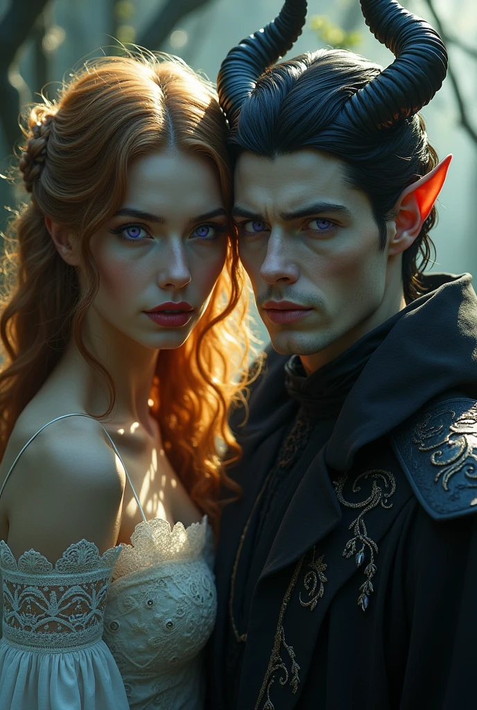 Make a character similar to Sleeping Beauty, blonde golden hair, violet eyes, red and plump lips. Along with a character similar to the male version of Maleficent. Pale almost sickly, with horns and black hair similar to Malleus Dracconia from Twisted Wonderland, looking like a dark fairy. Make the illustration look like Dark Fantasy
