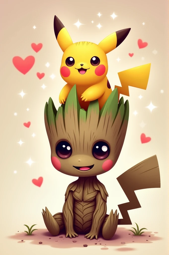 Generate me an image where there is baby groot Gizmo and Pikachu in a column where they are on top of each other and it's cute and kawaii and detailed