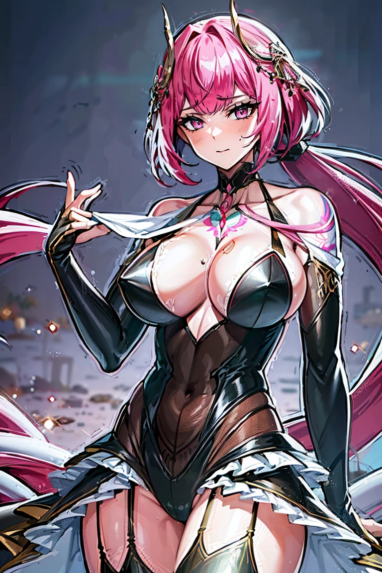 Smooth and Flawless Skin, Expressive and Captivating Eyes, Well-Defined Facial Features, Radiant and Healthy Glow, Perfectly Proportioned Face, Graceful and Symmetrical Features, Fine Details and Realistic Texture, cute face, absurdres, vivid color, beautiful portrait of cute anime girls, anime best girl, anime screencap, anime style, finely detailed, insanely detailed, exquisite, fantastic, amazing quality, top quality, professional quality, high quality, finely quality, official art, production art, super detailed skin, clear eyes, light eyes, light image, gleaming skin, oil skin, shiny skin, accurate face parts, cinematic, extremely detailed beautiful face and eyes, fair skin, 16k, 32k, 16k portrait, 32k portrait, masterpiece, Highest quality, ultra Detailed beautiful face and eyes, Detailed eyes, High resolution, beautiful, super fine illustration, extremely detailed unity cg 8k wallpaper, fearless face, perfect eyes, deep detailed eyes, perfect face, low ponytail, pink hair, hair ornament, pink eyes, leotard, zipper, white showgirl skirt, bare shoulder, thighighs, thigh high boots, bare thighs, cleavage, cleavage cutout, adult face, elbow gloves, garter belt, garter straps, (((collarbone tattoo, chest tattoo))), hair between eyes, evil grin, perfect hands, perfect fingers, five finger, four finger and one thumb, skin tight, straight bangs, beautiful hair, (((very long skirt))), perfect anatomy, perfect female body, perfect proportion, fingerless gloves, bare fingers gloves, extremely ultra detailed beautiful hands and fingers, one back hair, perfect hair, cowboy shot, long low ponytail, one connected low ponytail, (((chest cloth))), full face blush, perfect hair,