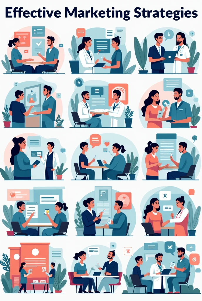 I want to create some images on the topic ‘Effective Marketing Strategies by Healthcare Services’ for my college project. Give me 5 different images including online and offline marketing