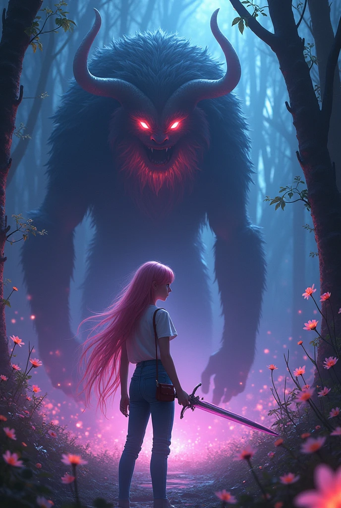 (anime style:1.5), vibrant fantasy forest, magical atmosphere, glowing plants, long pink hair, white skin, 18-year-old girl, wearing a white short-sleeve t-shirt and denim pants, with a small side bag, holding a semi-realistic fantasy sword with a glowing blade, facing off against a large creature with glowing red eyes, intense and determined expression, dynamic battle-ready pose, sword in hand, creature in background, mystical lighting, vibrant colors, cinematic composition, by Hayao Miyazaki, by Yoshitaka Amano