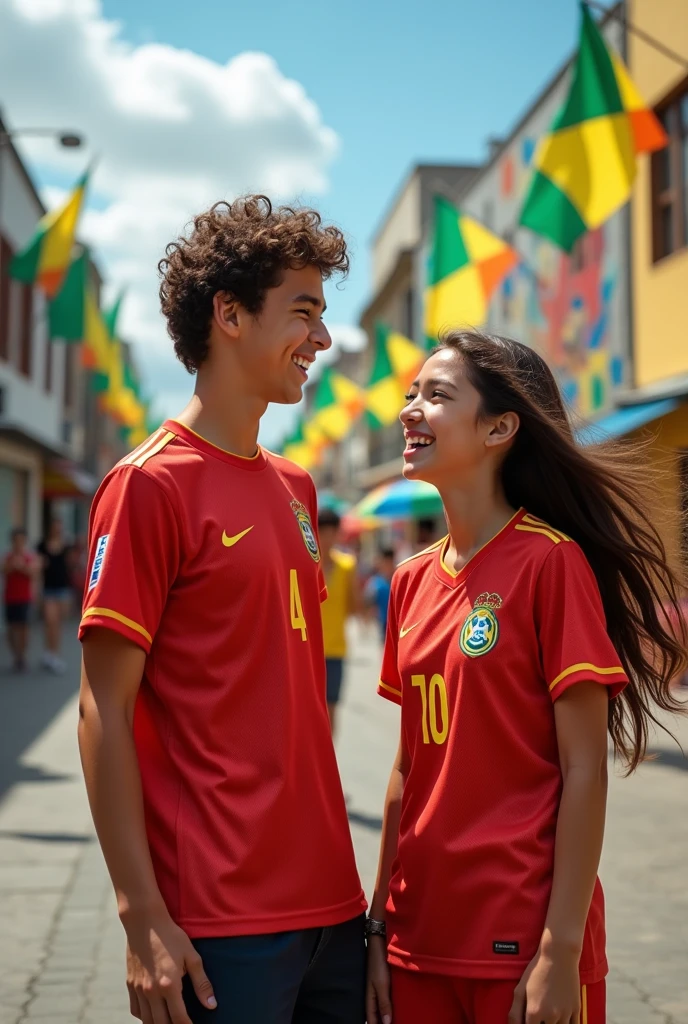 I want you to imagine a couple of Brazilian teenagers. The boy is 1.85 tall and girl 1.60, the boy is white and has brown, wavy hair, and brown eyes. the girl has long hair, smooth and brown, both are Flamengo fans