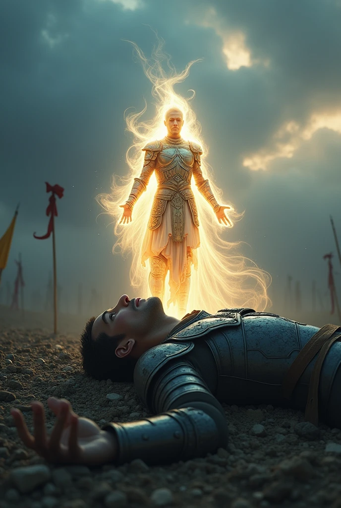 generate an image where a man is dying and his warrior spirit rises from his chest, and 3d, 4k