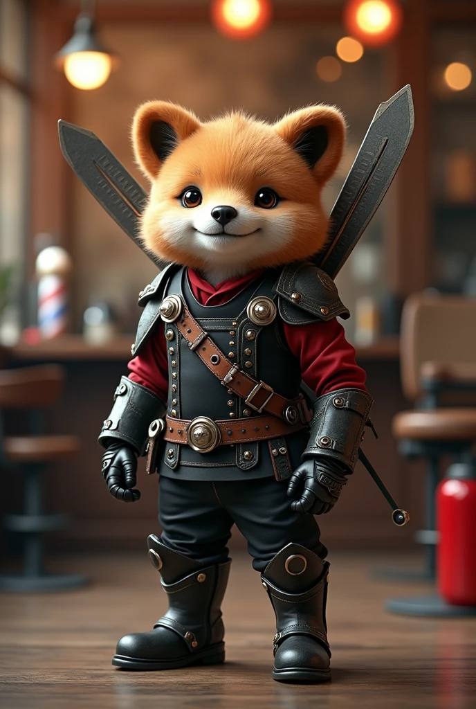 a mascot for barbershop is a cute animal warrior with a scissors behind. Clothes is mechanical equipment, wear hight boots, color is black and red