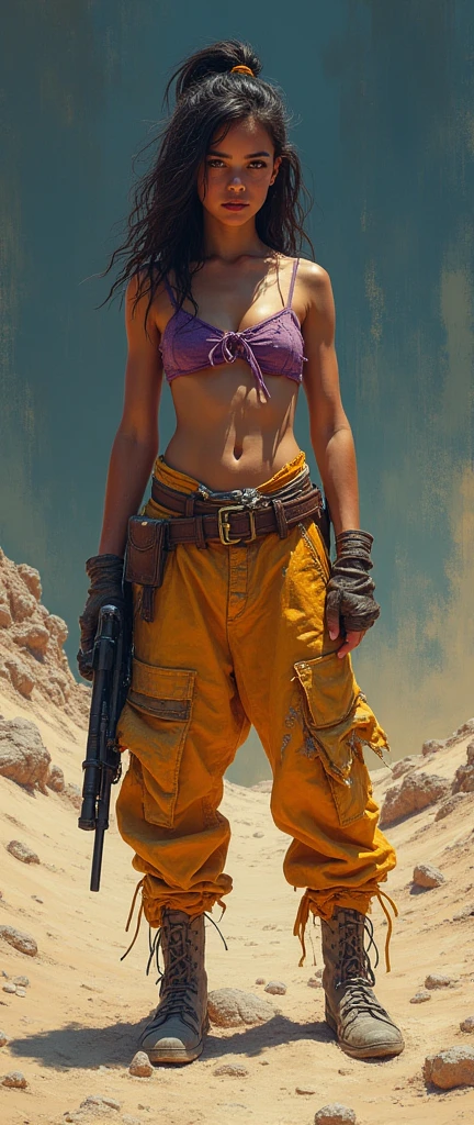 dark and torn, 1 young beautiful muscular body, fierce expression, holding a gun, (colors in your clothes, warm, orange, yellow, violet:1.3), standing in a desolate wasteland, dramatic lighting, intense shadows, sandy texture, tall contrast, vibrant colors, dynamic pose, powerful posture, rough background, explosive atmosphere, dystopian theme, surreal elements, digitally painted illustration, high definition resolution, intricate details, dramatic composition, avant-garde and chaotic brushstrokes, Gothic style, intense emotions, epic scale, raw and gritty feeling, Captivating and provocative works of art.., (at night, darkness:1.5)