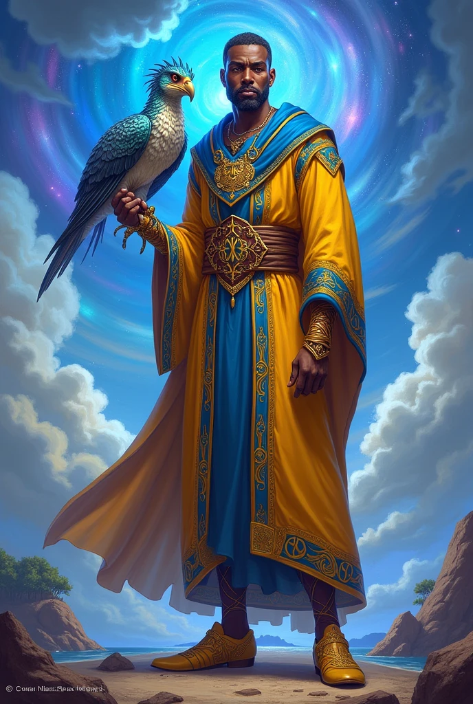 African male as a powerful myth wizard from Wizard 101 in yellow and blue. Wearing shoes and having a pet pterodactyl

