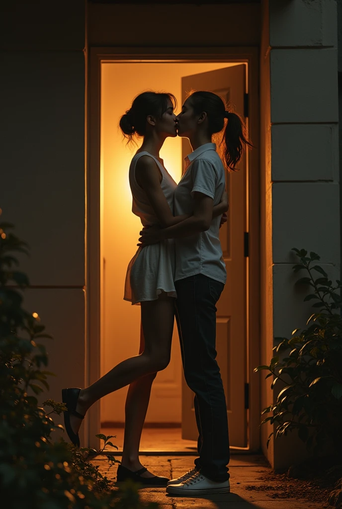 a 20 year old towering 5 meters tall giant woman, standing in front of her house, significantly taller than the door, with her very short and thin girlfriend, lifting and kissing her, dramatic lighting, photorealistic, highly detailed, cinematic composition, moody atmosphere, warm color palette