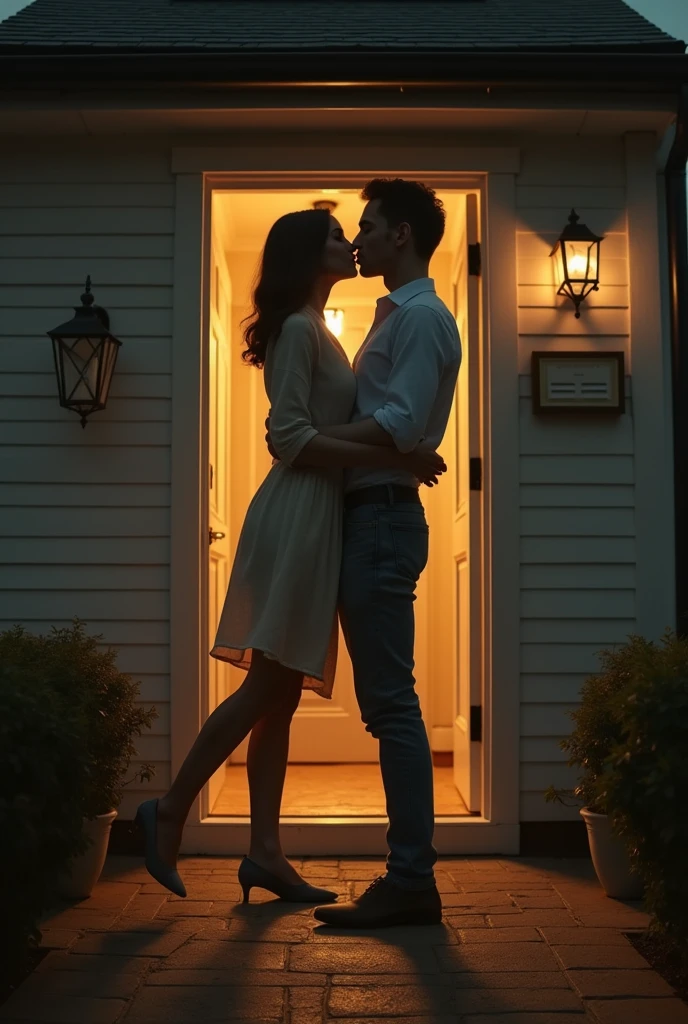 a 20 year old towering 5 meters tall giant woman, standing in front of her house, significantly taller than the door, with her very short and thin girlfriend, lifting and kissing her, dramatic lighting, photorealistic, highly detailed, cinematic composition, moody atmosphere, warm color palette