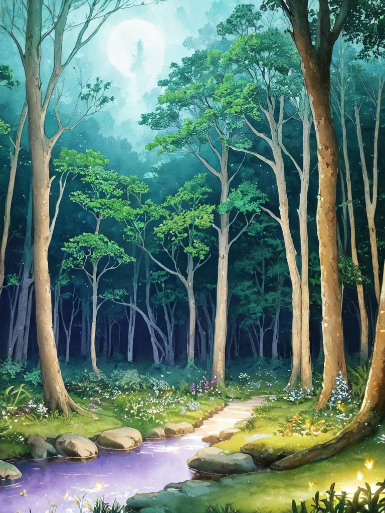 Enchanted forest clearing, fantasy landscape, ethereal watercolor style, open glade surrounded by ancient trees, bioluminescent plants, soft mist, glowing fireflies floating gently, shimmering moonlight, vibrant greens, purples, and blues, gentle streams of light, tranquil ambiance, otherworldly nature, magical and serene mood, expansive view of the stars