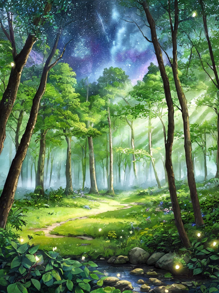 Enchanted forest clearing, fantasy landscape, ethereal watercolor style, open glade surrounded by ancient trees, bioluminescent plants, soft mist, glowing fireflies floating gently, shimmering moonlight, vibrant greens, purples, and blues, gentle streams of light, tranquil ambiance, otherworldly nature, magical and serene mood, expansive view of the stars