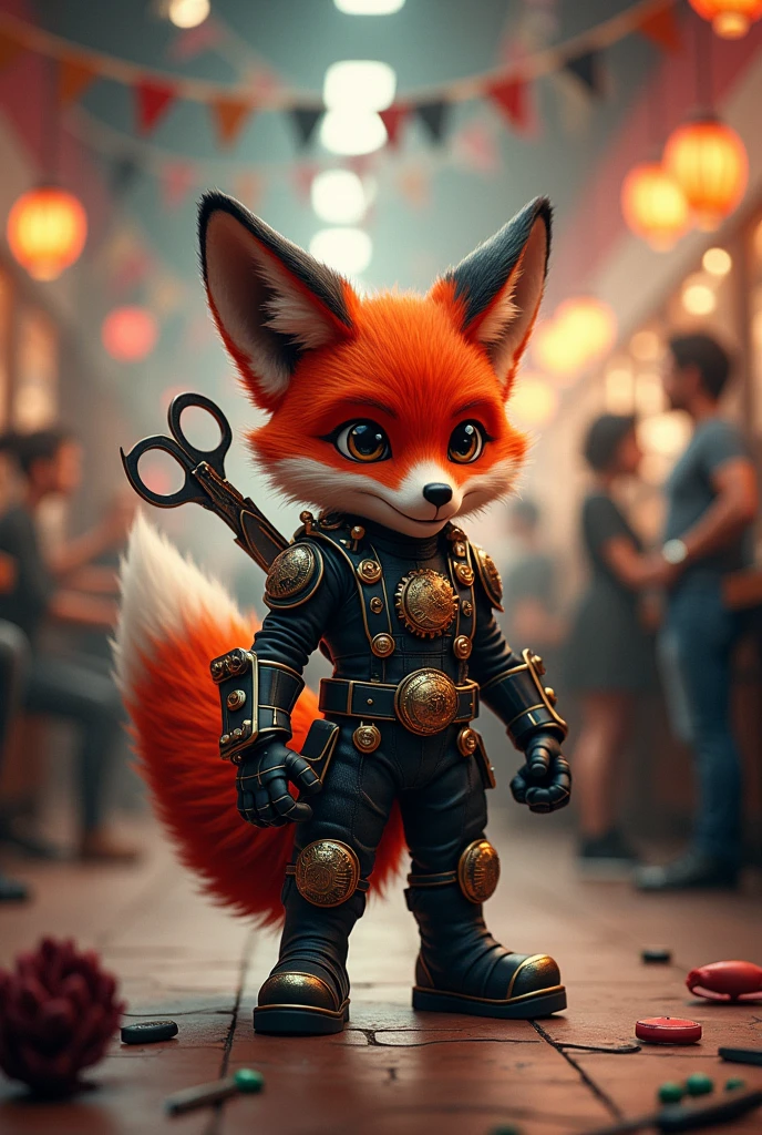a mascot for barbershop is a cute animal warrior with a scissors behind. Clothes is mechanical equipment, wear hight boots, color is black and red
