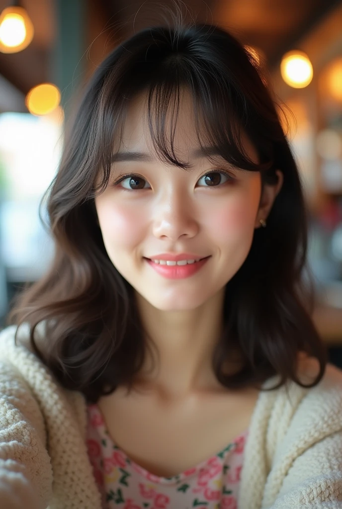 A Korean model with bangs and medium-long hair that looks like Yeojin that looks real and is cute THAT THE QUALITY LOOKS REAL and is a selfie