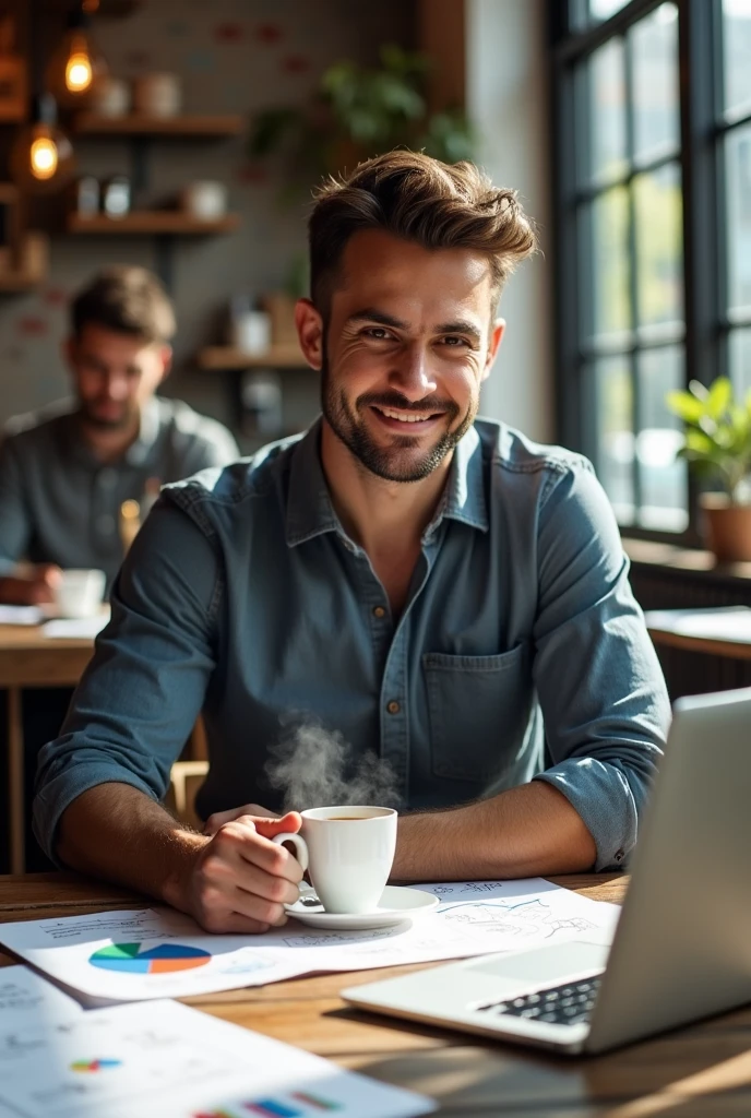 man making investment plans while sitting at his table with his coffee in his hands in a cafe