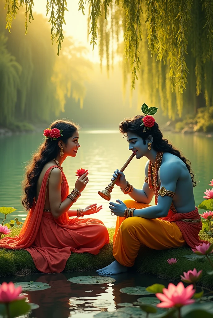 Shree krishan name's lord , near river , playing  with radha
