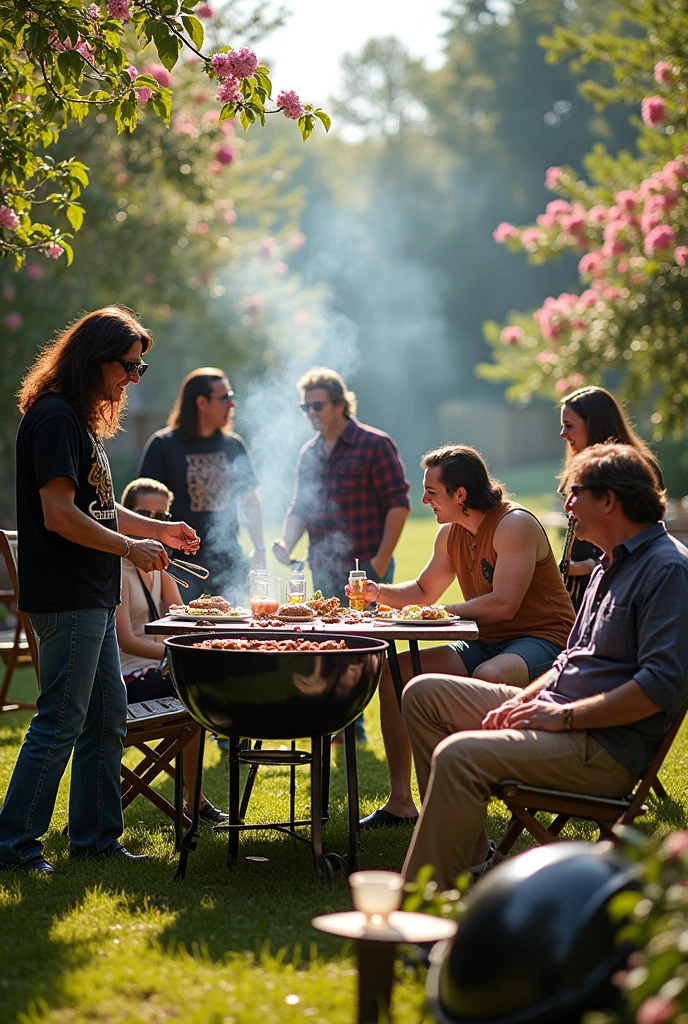 Imagine a sunny afternoon in a large garden. Gathered around a barbecue grill are some of the greatest icons of rock and metal.
Ozzy Osbourne is standing next to the grill, holding tongs and flipping some burgers. He’s wearing his signature sunglasses and a black T-shirt with the Black Sabbath logo.
James Hetfield from Metallica is laughing and chatting with Dave Grohl from Foo Fighters. James is holding a beer, and Dave has an acoustic guitar, strumming a few notes.
Slash from Guns N’ Roses is sitting in a beach chair, wearing his top hat and sunglasses, playing a solo on his guitar.
Bruce Dickinson from Iron Maiden is serving some skewers to Rob Halford from Judas Priest, who is dressed in his studded leather jacket.
Lemmy Kilmister from Motörhead is in the background, near a table full of food and drinks, talking with Kurt Cobain from Nirvana, who is wearing a flannel shirt and ripped jeans.
The atmosphere is relaxed and full of laughter, with music playing in the background and the delicious smell of barbecue in the air.