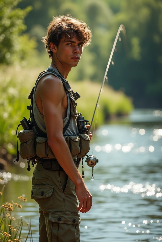 Young man catch fish on river