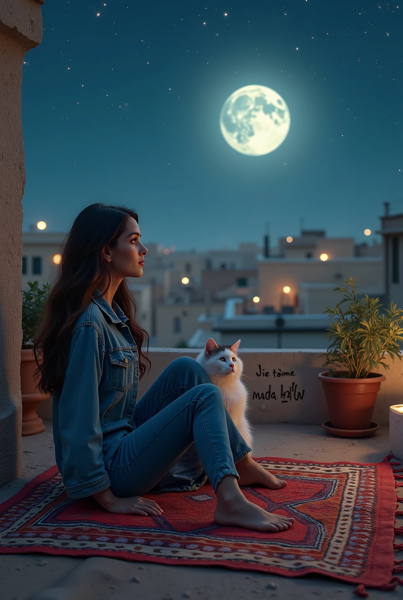 Une femme arabe d'une merveilleuse beauté, assise sur un tapis marocain sur le toit de la maison, en jeans et pieds nus, contemplant la lune avec son chat blanc et sa fille, sa fille. 
  Elle écrit sur le mur : « Je t'aime, maman » et elle porte également un jean. Depuis le toit, on voit d'autres grandes maisons aux fenêtres éclairées.