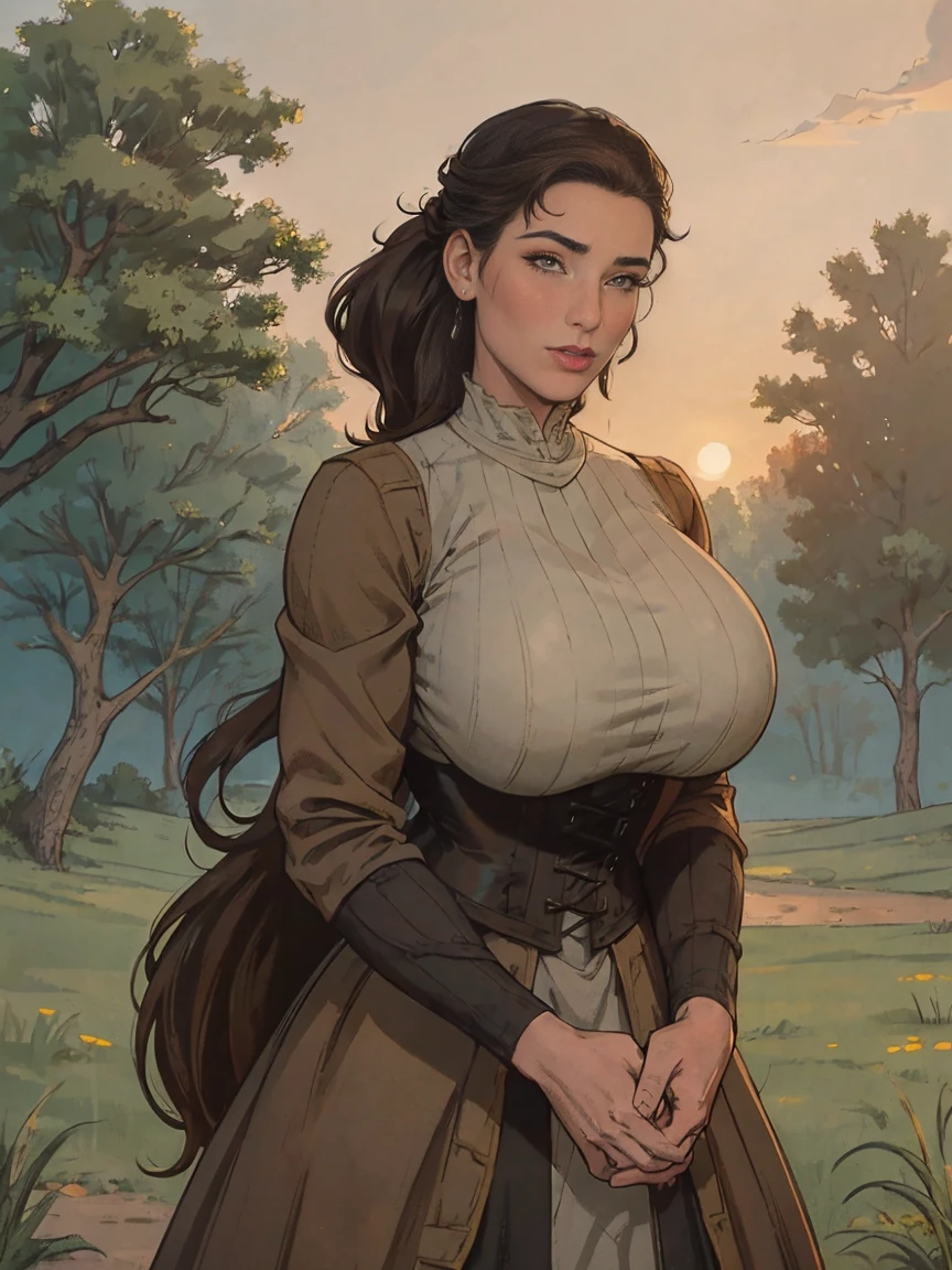 Gorgeous and sultry busty athletic (thin) brunette peasant with sharp facial features wearing a modest updo, medieval hair cover, rough-spun grey and brown medieval dress, long sleeves, wide neck, long dress, tight bodice, corset, Middle Ages, cottage, farm, exterior, trees, countryside, evening, sunset.