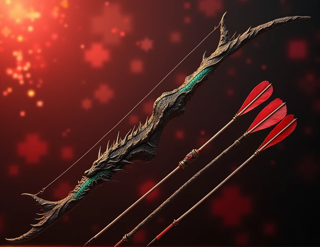 Let's create a bow inspired by dragons. 160 - 180 cm long, arrow 60 - 72 cm long. red tones of the image as background separation pixels