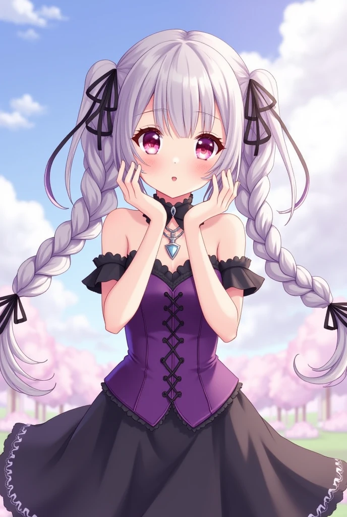 A long greyish purple hair mixed with greyish  om the lowered tips of her hair two long pigtails lowered down with 4 strands of hair on her face with pink small, gentle, pretty eyes, Purple corset with a black collar and black necklace connected to each other, Black skirt with black unconnected sleeves, two black ribbons on each braided middle hair hanging on each side of her chest, two hands on each sides of her cheeks, anime style