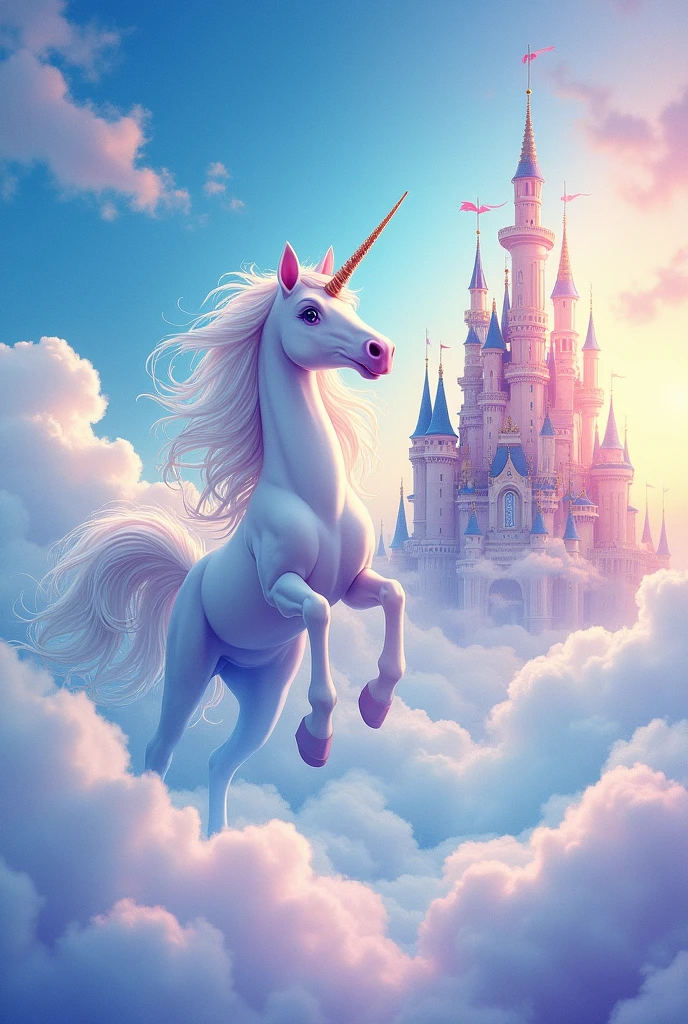 
a watercolor painting of a neighing unicorn with wings spread across the brightly lit sky, White clouds and in the background an enchanted castle that stands out with light