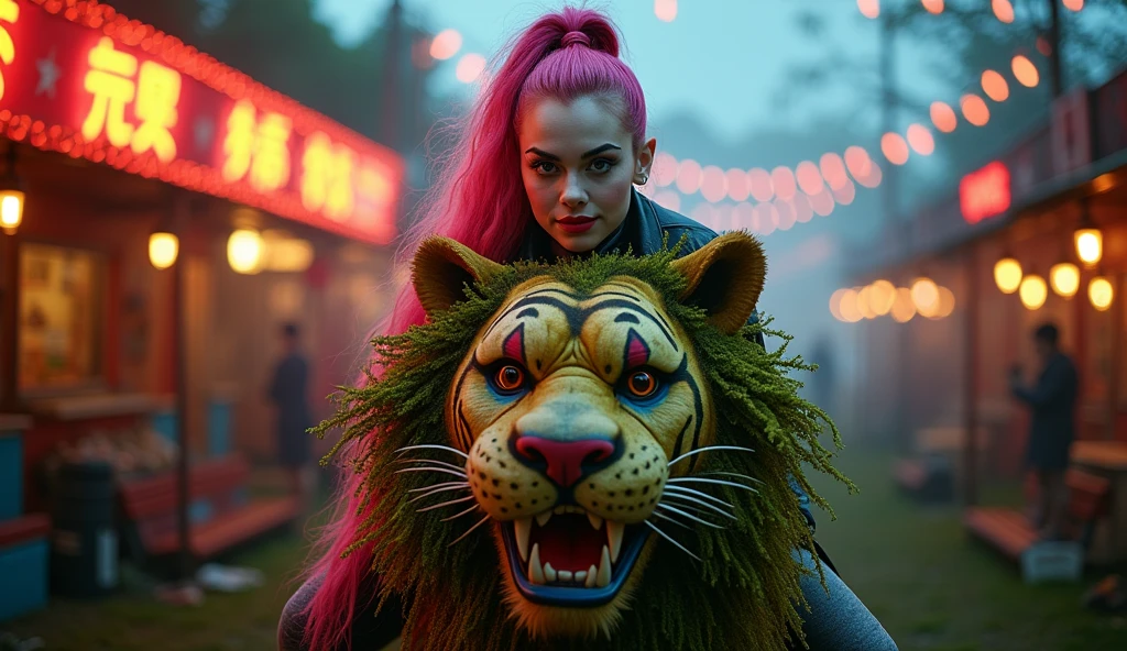 woman with pink ponytail and clown makeup riding Japanese lion, 20s, moss growing on skin, disgusting, dirty