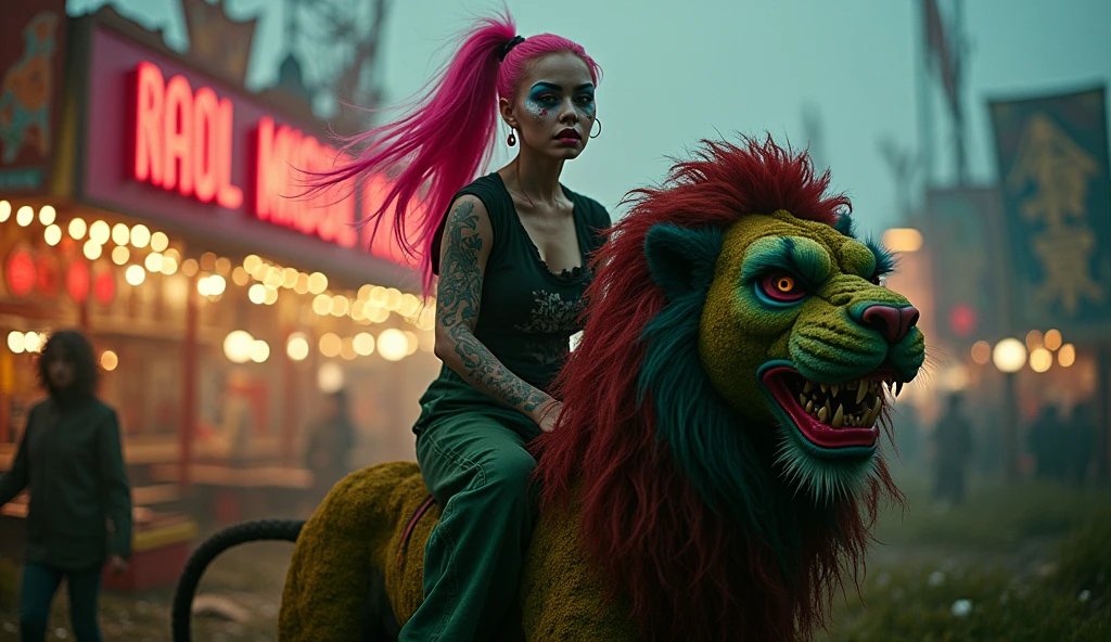 woman with pink ponytail and clown makeup riding Japanese lion, 20s, moss growing on skin, disgusting, dirty