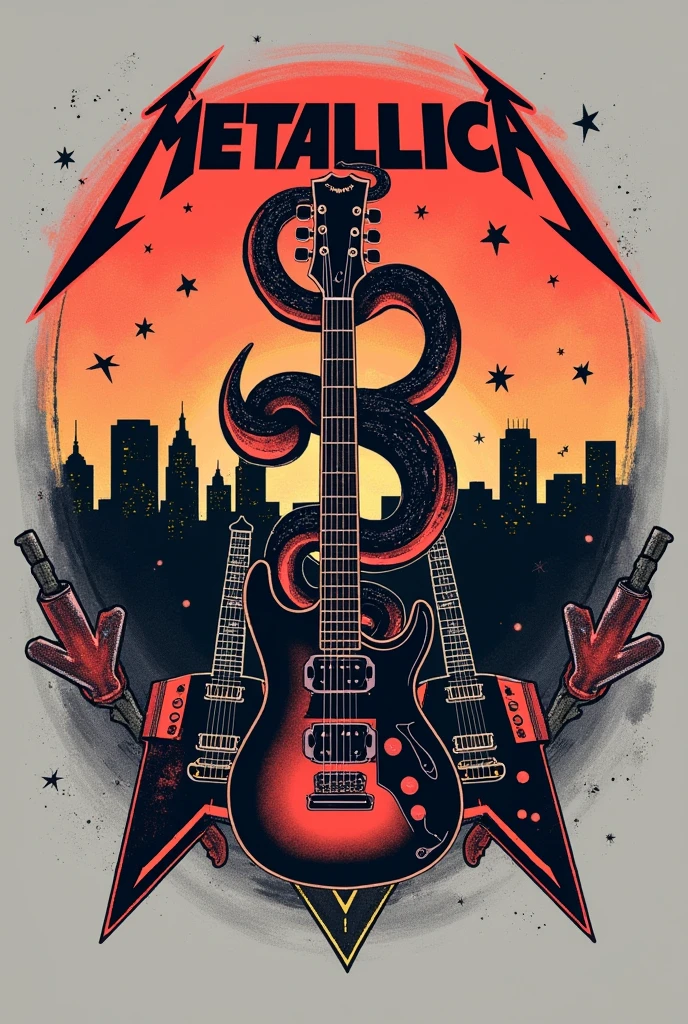 Design Concept: "Retro Metallica Revival"
Color Scheme:
Main color: A distressed, faded black (#333333) to give the design a worn, vintage look
Accent color: A bold, bright red (#FFC080) to evoke the energy and intensity of Metallica's music
Background: A subtle, gradient-effect gray (#AAAAAA) to add depth and texture
Design Elements:
A distressed, vintage-style illustration of Metallica's iconic logo (the "Metallica" script with the snake coiled around it) in the center of the design
A faded, worn-out effect applied to the logo to give it a retro, tour-merchandise feel
A subtle, gradient-effect background image of a cityscape at sunset, evoking the urban, edgy vibe of Metallica's music
A pair of crossed guitars (inspired by Metallica's iconic guitarists, James Hetfield and Kirk Hammett) in the top-left and top-right corners of the design, created using a stylized, hand-drawn aesthetic
Typography:
The main text "Metallica" in the center of the design, using a bold, distressed font (e.g., "Metal Lord" or "Rustic") to match the vintage aesthetic
A smaller, curved line of text above the logo, reading "And Justice for All" (a nod to one of Metallica's most iconic albums) in a stylized, cursive font (e.g., "Pacifico" or "Great Vibes")
Additional Elements:
A small, stylized image of a cassette tape (a nod to the pre-digital music era) in the bottom-right corner of the design, with the words "Play Loud" written in a small, bold font above it
A few subtle, hand-drawn stars and other decorative elements scattered throughout the design to add visual interest and texture
This design concept combines the essence of Metallica's iconic branding with a vintage, retro aesthetic that's perfect for a distressed t-shirt. The distressed effects, worn-out textures, and subtle design elements will give the design a unique, one-of-a-kind feel that's sure to appeal to any Metallica fan.