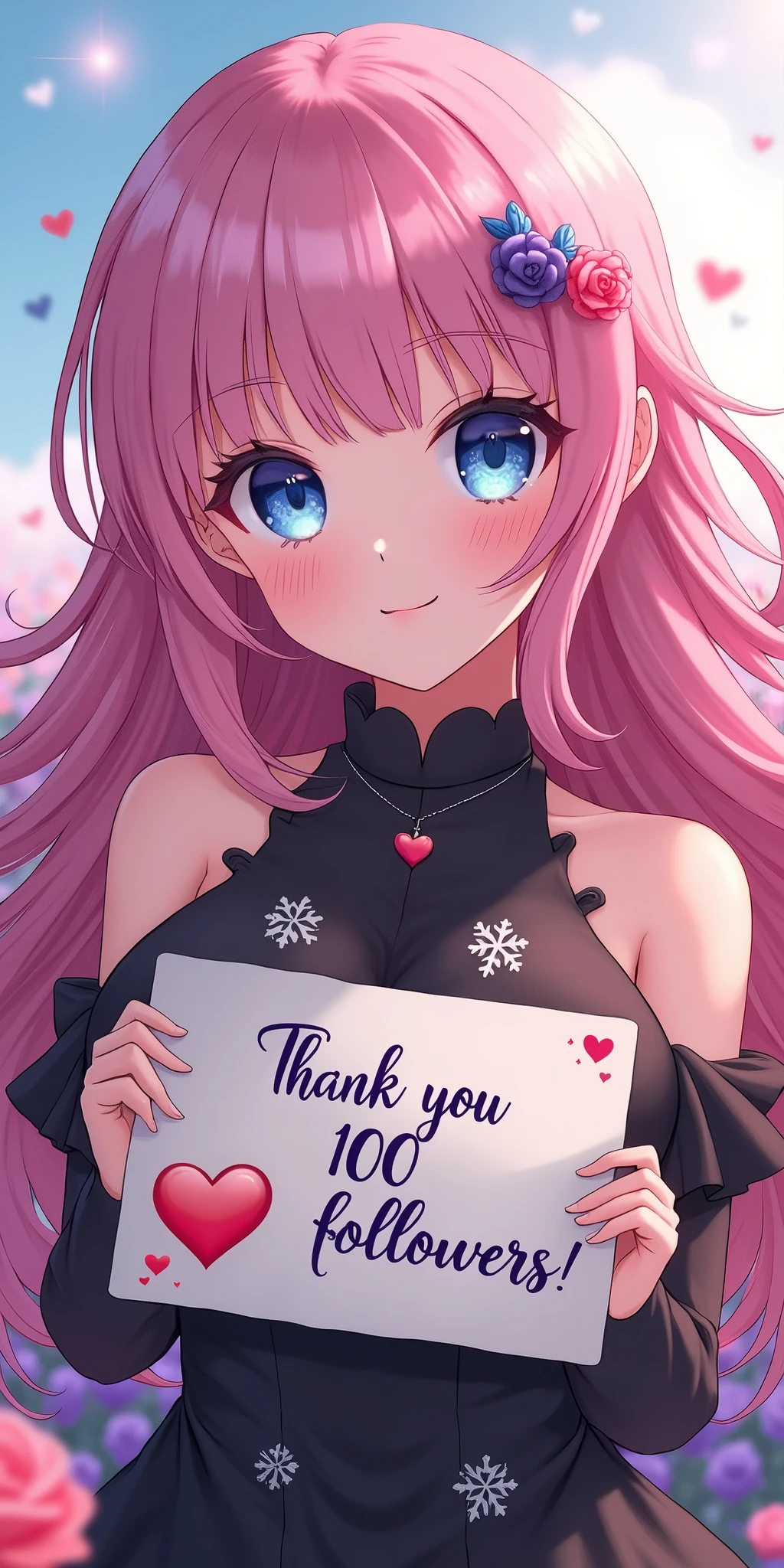 (best quality, ultra-detailed, photorealistic: 1.39), bright and vibrant colors, studio lighting, thank you card for 100 followers, hearts and kisses emoji, Yu-Gi-Oh style letter, purple details on the sides of the card, heart shaped poster, beautiful smile, anime style, Anime, Cute girl with big round breasts, with sparkling blue eyes, she wears a black dress with snowflakes on the dress, a field of roses in the background , her wavy pink hair with beautiful bangs meets with the blowing wind, she holds a sign written a message of thanks