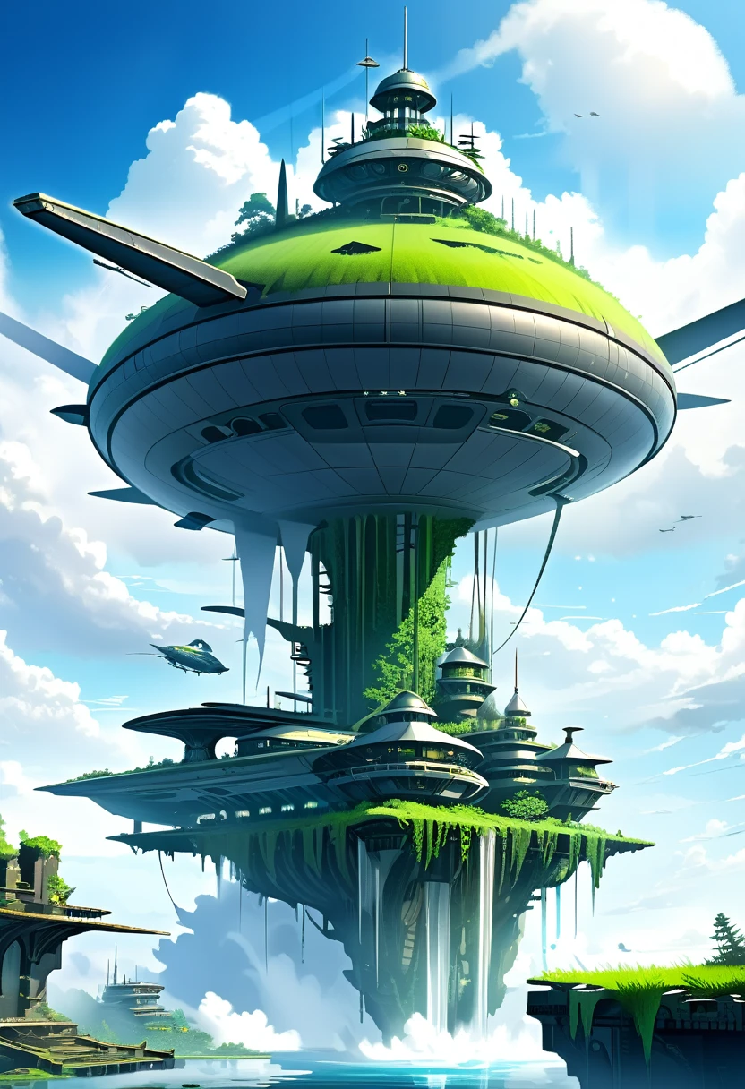Future Sky City,ruins,sea of clouds,Combat Airship,Turret,(turret),water is gushing out,The grass is encroaching,