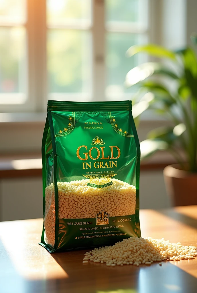 Premium transparent rice bag with green and gold front colors with brand "GOLD IN GRAIN"