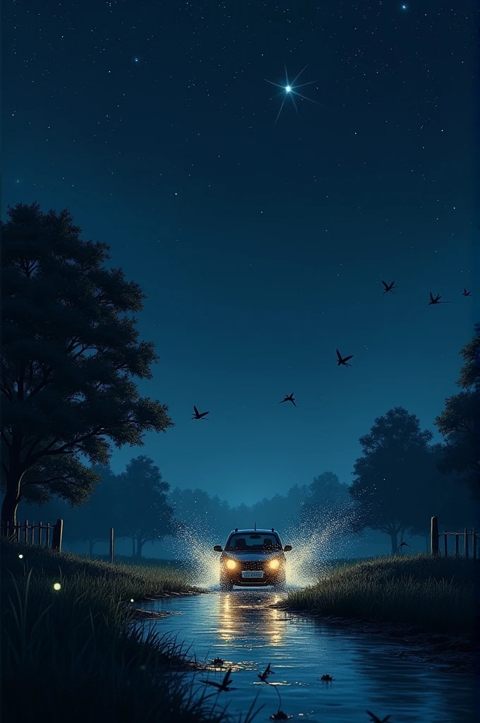 Creating an image based on the theme of your poem involves capturing the sensory experiences and emotions described. Imagine a scene where various elements of the poem come together:
Background: A night-time setting with a dark sky, possibly dotted with stars.
Foreground:
Insects: Silhouettes of insects buzzing around in the lower part of the image, with a faint, glowing effect to suggest their nocturnal activity.
Rain: Gentle rain falling from the sky, creating ripples on a nearby puddle or wet surface.
Tires: A car tire splashing through a puddle, sending water droplets into the air.
Airplane: An airplane taking off in the distance, with its lights cutting through the dark sky.
Details: Incorporate subtle textures and layers to represent the sounds—soft, wavy lines for the insect trills, ripples for the rain, and dynamic, dispersing splashes for the tire.